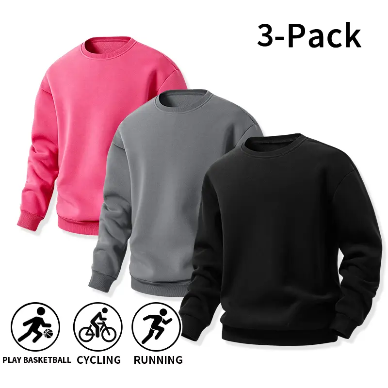Men’s 3-Pack Classic Solid Color Crew Neck Sweatshirts - Soft Lightweight Loose-Fitting Long Sleeve Pullover Basic Tops, Casual Machine Washable Athletic Tops (Light Gray + Dark Gray + Rose Red) for Sports, Everyday Wear, Men’s 3-Pack Sweatshirts, Minimal