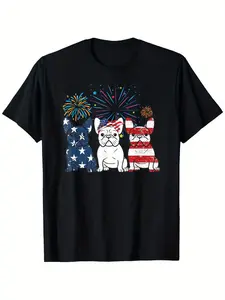 French Bulldog American Flag 4th Of July Independence Day T-Shirt 100% Cotton Round Neck T-shirt Halloween Thanksgiving Christmas Gift for Men Women Family Friends, Valentines Day Gifts for Boyfriend Girlfriend, S-XXXL
