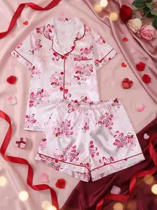 Valentine's Day Floral Print Sleepwear Set, Button Front Short Sleeve Top and Elastic Shorts, Elegant Women's Casual Homeewear