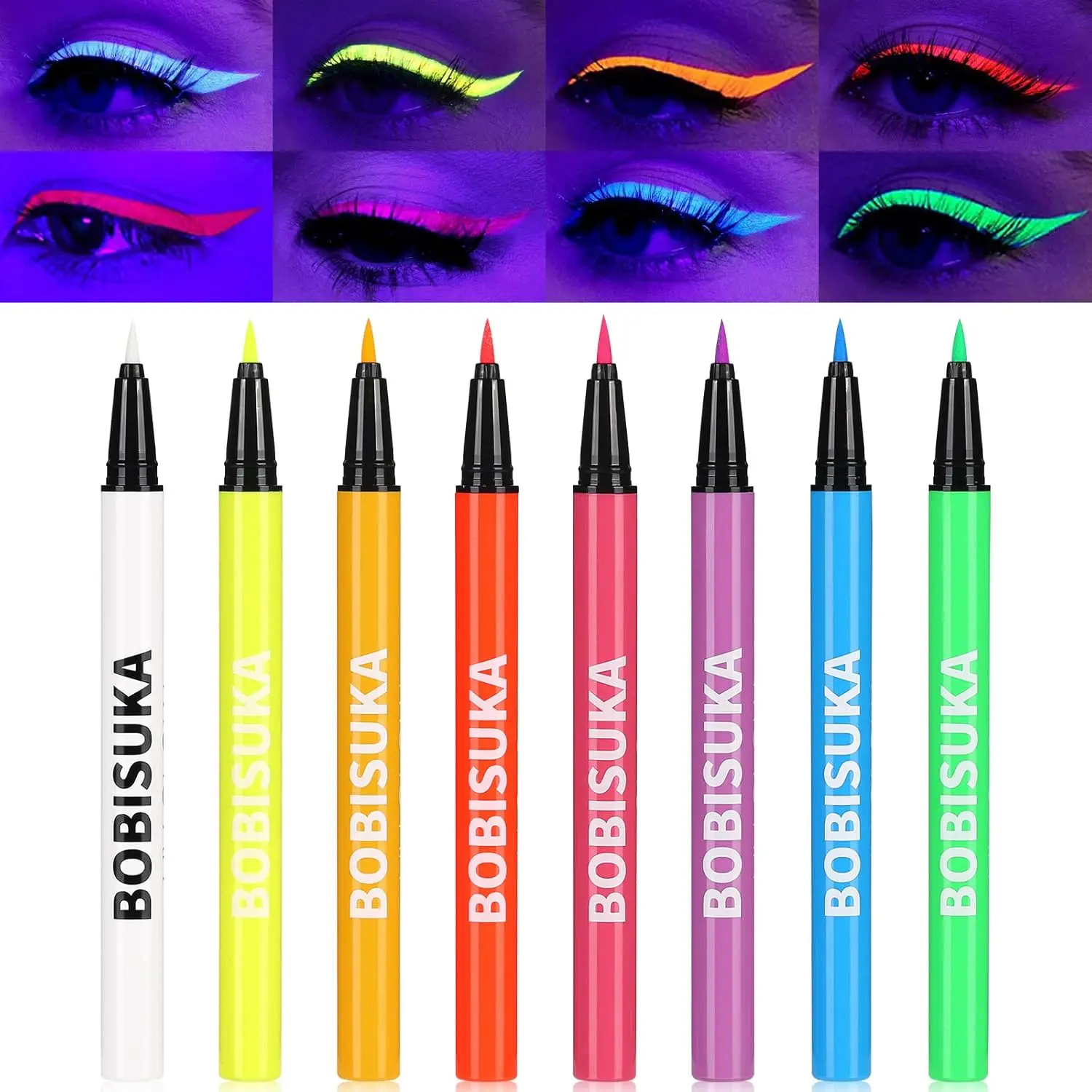 UV Neon Eyeliner Kit - 8-Color UV Liquid Eyeliner Pen Multi-Pack Cosmetic Kit, High Pigment Matte Finish, Waterproof, Smudge-Proof, Color Correction, Alcohol-Free, No Harmful Additives, Neon Glow, Ideal for Halloween Cosplay Eye & Body Makeup, Youth, Cont