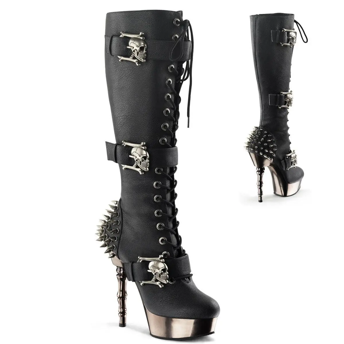 Demonia Muerto-2028 Black Vegan Leather/Pewter Chrome Knee-high Boots