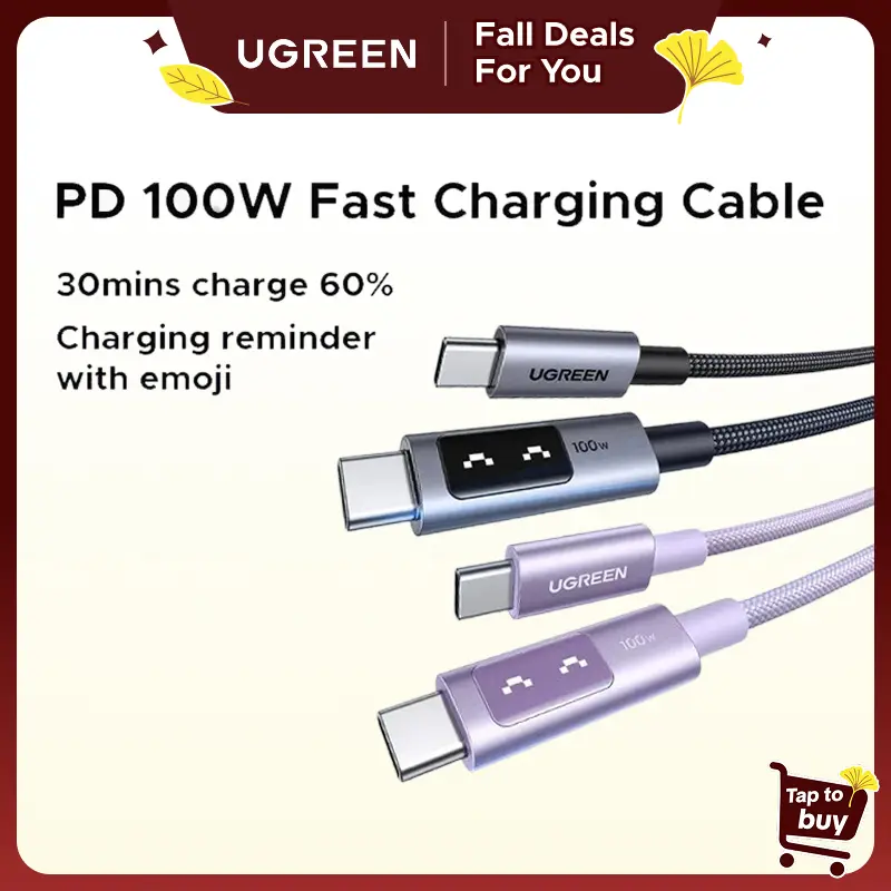 UGREEN Uno 100W Aluminium Durable USB-C Fast Charging Cable - Fast Charger Cord, C-Type Cables, PD100W Speed, LED Display, Multi Device Fit for iPhone 17/16/15 Plus/15 Pro Max, MacBook Pro/Air, Galaxy S24 Ultra - Summer Sale, tiktokshopfalldealsforyou