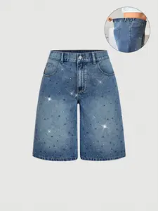Women's Vintage Rhinestone Design Denim Capri Pants, Summer Casual Loose Wide-Leg Mid-Waist Jeans, Button Fly Closure Everyday Wear
