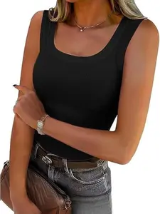 Women Sleeveless Square Neck Crewneck Rib Knit Slim Fit Shirt, Basic Tee Summer Casual T-Shirt, Trendy Soft Clothing, Womenswear Tops