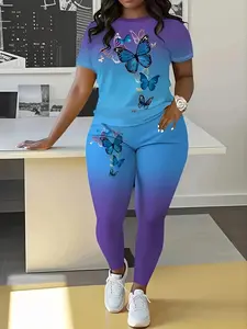 Butterfly Print Gradient Color Women's Spring & Fall Casual Round Neck Short Sleeve Long Pants Two-Piece Set, Fitted Regular Length, Matching Clothing Set, Lady, Stretchy Outfit Sets