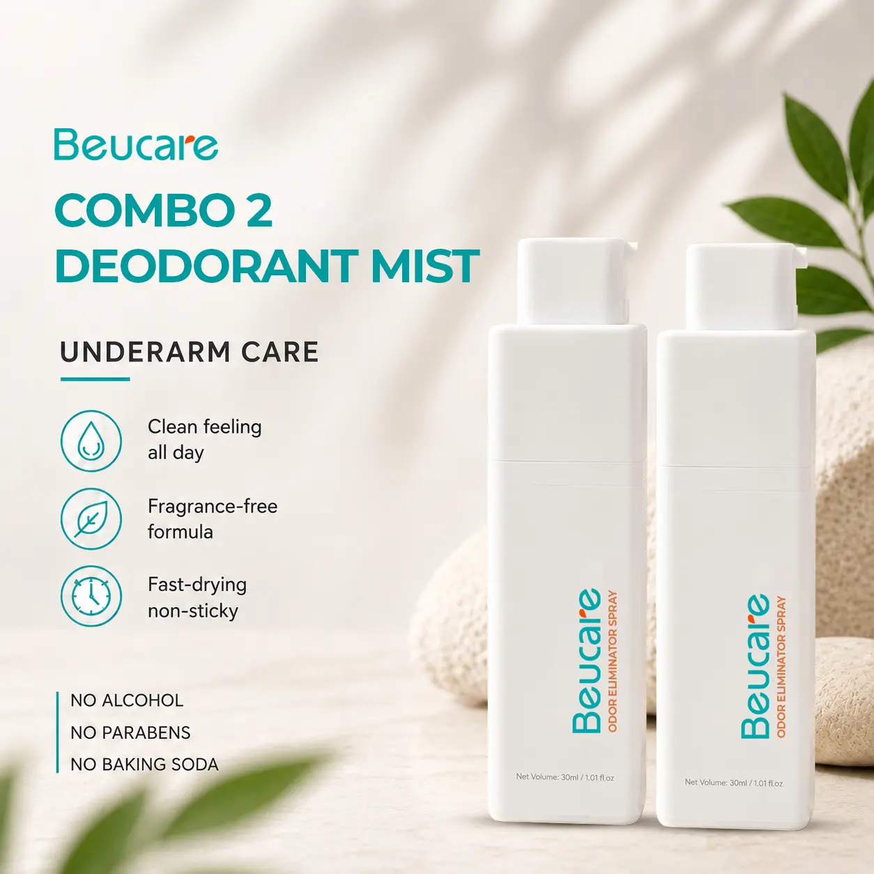 Combo 2 Beucare Underarm Care Deodorant Mist – Instant Odor Control, Hygienic Touchless Spray, Fresh Dry-Touch Feel, Travel Essentials 1.01 fl oz