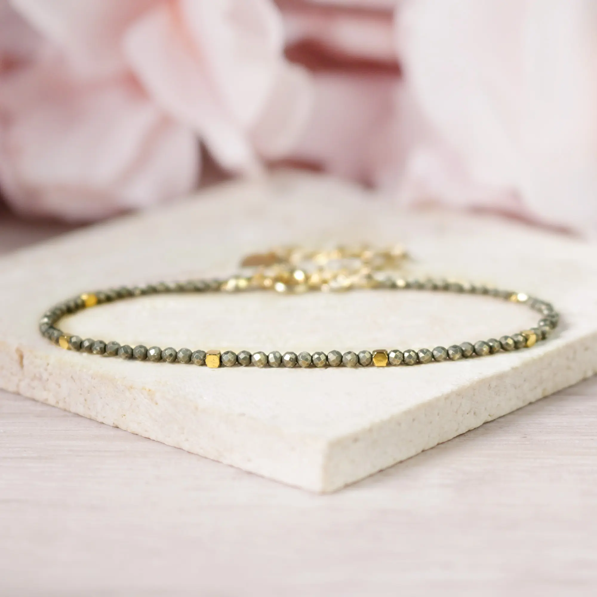 Women's Dainty Faceted Pyrite Tiny Beads Bracelet - Gold-Plated Chain, Chakra Healing Lucky Crystal Beaded Jewelry, Gift for Women, Dainty Natural Crystal Bracelets & Anklets, Lucky Bracelet