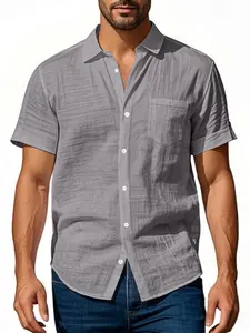 American Style Men's Hawaiian Linen Breathable Henley Neck Casual Short Sleeve Shirt, Summer Fashion, Comfortable and Stylish