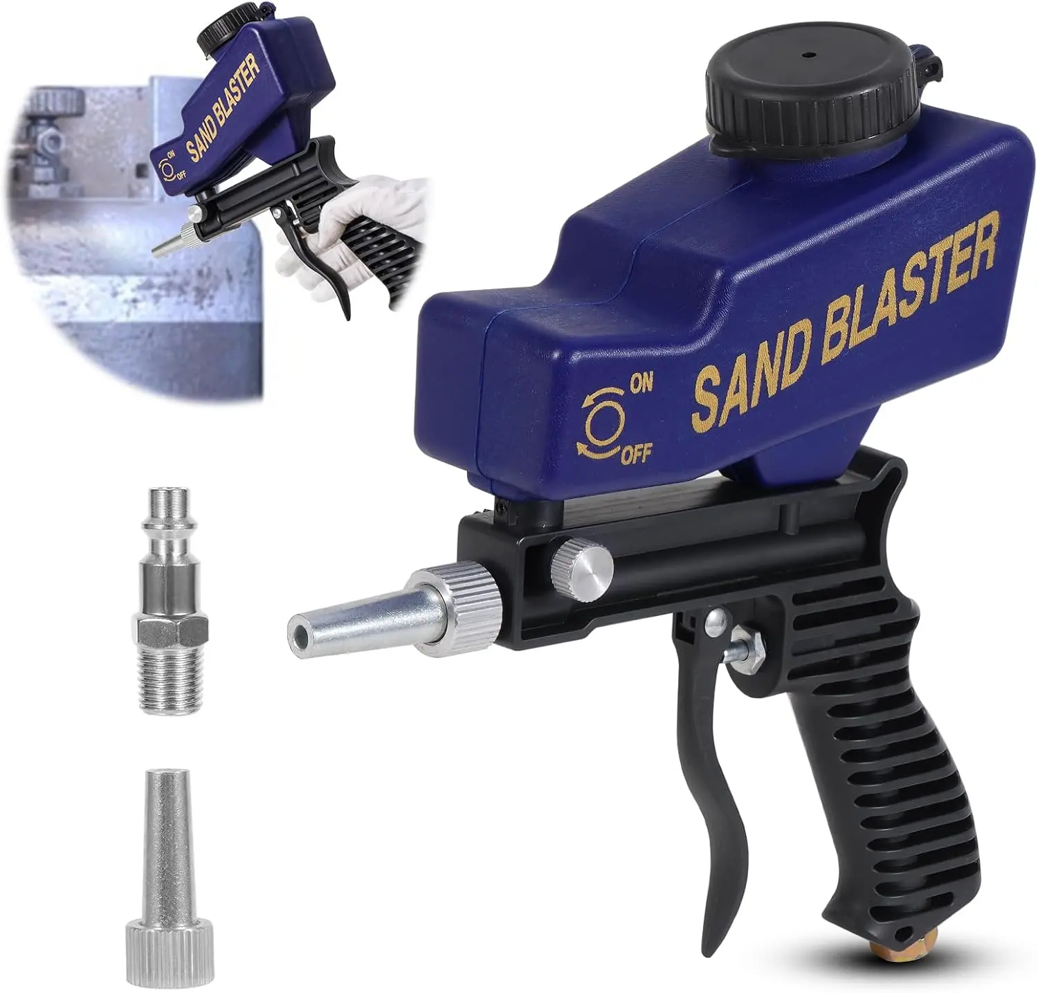 Ziopetru Sand Blaster Gun - Gravity Feed Sandblaster Gun for Metal, Wood Paint/Rust Removal and Glass Etching - Handheld Sand Blaster Gun for Air Compressor, up to 70-150 PSI Blasting Media, Blue