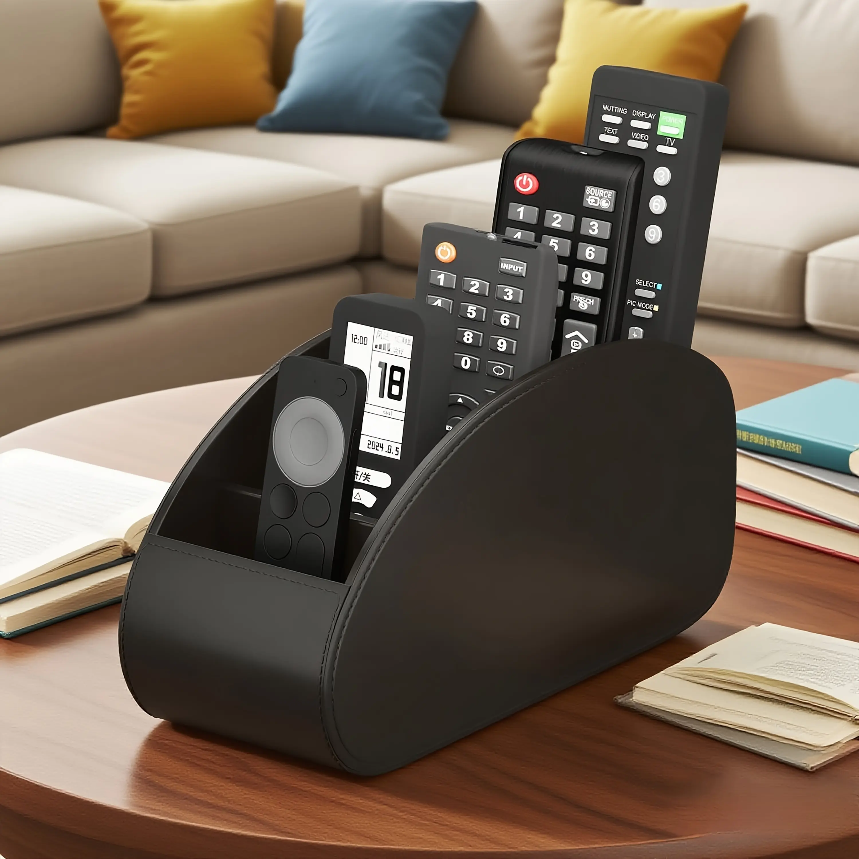 1pc PU Remote Control Holder with 5-Compartment Storage Box - Remote Caddy Tray Organizer for TV, Media Players, Pens, Glasses & Small - Space-Saving Desktop & Bedside Table Organizer (Compatible for /Office)