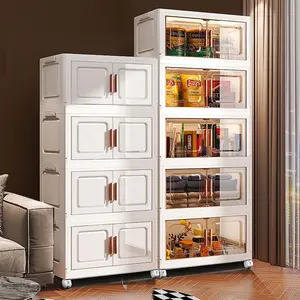 White Foldable Storage Cabinet with Wheels – Magnetic Door Organizer for Home/Office