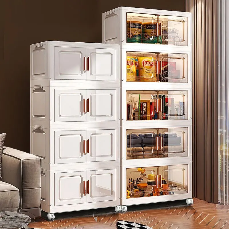 White Foldable Storage Cabinet with Wheels – Magnetic Door Organizer for Home/Office