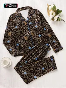 Women's Leopard Patchwork Blue Star Bear Full-Print Sleepwear Pajama Loungewear Set, Loose Lightweight Button-Up Long Sleeve Top and Pants, Elegant Spring & Fall