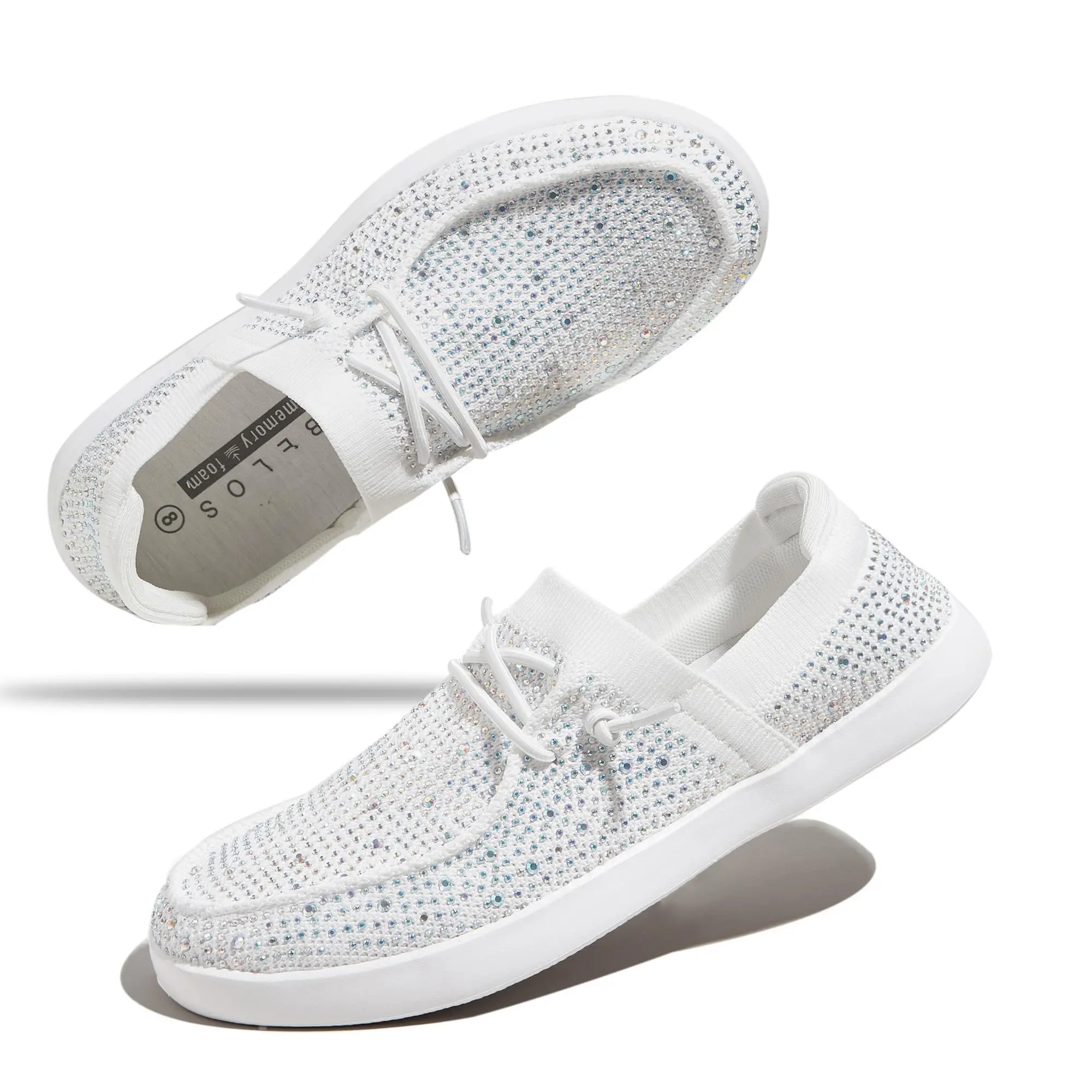 LUCKY STEP Women's Rhinestone Lace-Up Loafers - Casual Slip-On Mesh Knit Walking Flat Shoes, Lightweight Sparkly Glitter Sneakers, Round Toe All-Season Outdoor Shoes for Women, Sneakers For Women, Women's Sneakers