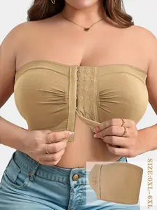 Women's Plus Size Wireless Front Buckle Ultimate Bra, Comfortable Plain Design, Full Coverage, Unlined, Suitable for Daily Wear and Sports, Underwear