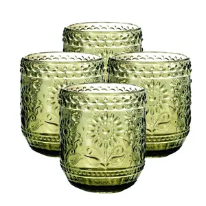 Vintage Drinking Glass Set of 4,12 oz Embossed Floral Decorative Glassware Set,Glass Cups Wine Glasses Beverages Tumblers Colored Glassware for Whisky,Beer,Juice,Cocktail,Heavy Duty（Green）