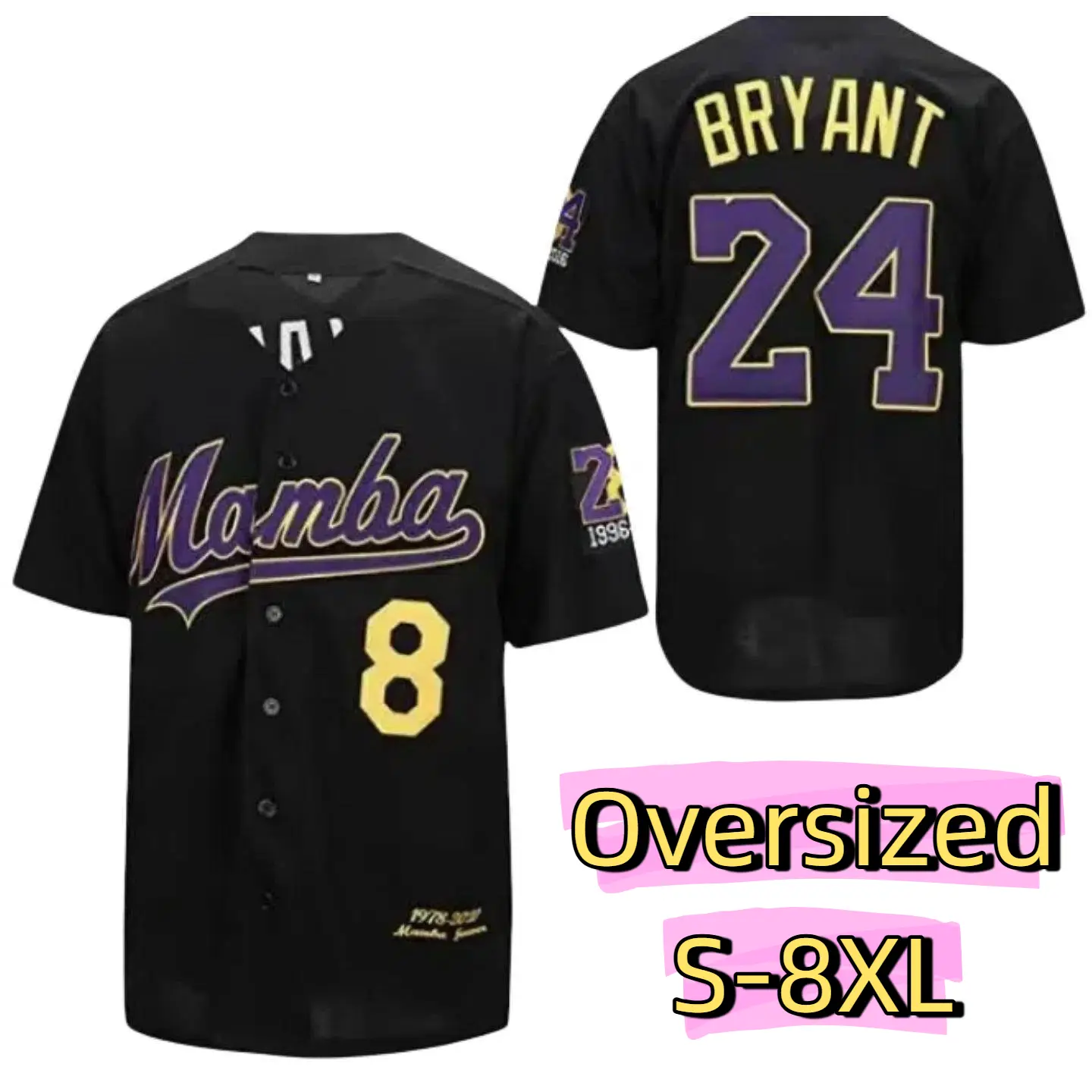 Oversize PLUS SIZE (S-8XL) Men'S Baseball Jersey with "Mamba" & Number 8/24 - Loose Fit, V-Neck, Short Sleeve, All-Season Sports Top for Casual Wear, Outdoor Activities, and Parties, Baseball Shirt, Party Attire, Durable Fabric tiktokshopbacktoschool