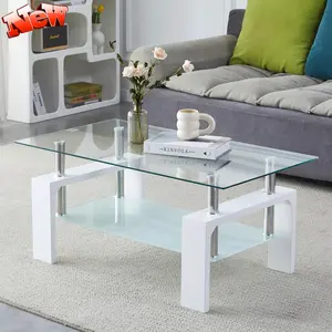 Rectangle Glass Coffee Table, Tea Table Modern Side Coffee Table with Lower Shelf, 2-Tier Center Coffee Tables for Living Room, Tempered Glass Tabletop & Metal Legs, White
