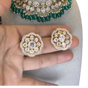 Sunahri Kundan Necklace or Choker with Studs - Elegant Green Beads and Gold Accents