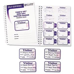 212 MAIN C-Line Time's Up Self-Expiring Visitor Badges, 2x3 in White Paper Name Decal w/Registry Log & Registry Book, 150/Box for Visitor Tracking
