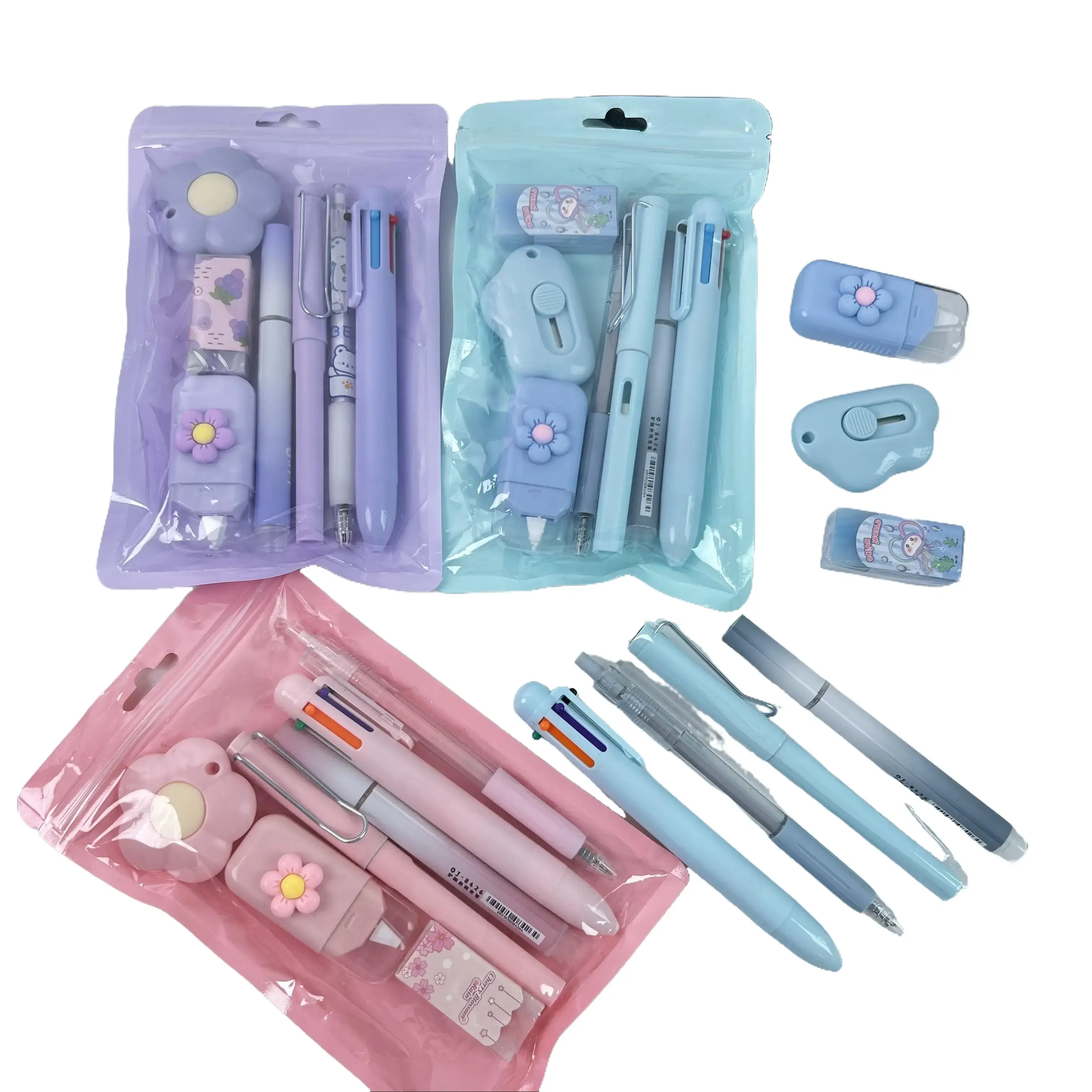7 Pcs Kawaii Pastel Stationery Set - Cute Flower Design Kit with Multi-Color Pens, Eraser, Cutter | Cute School Supplies, Back to School Stuff, Birthday Gifts for 10–12 Girls for Students