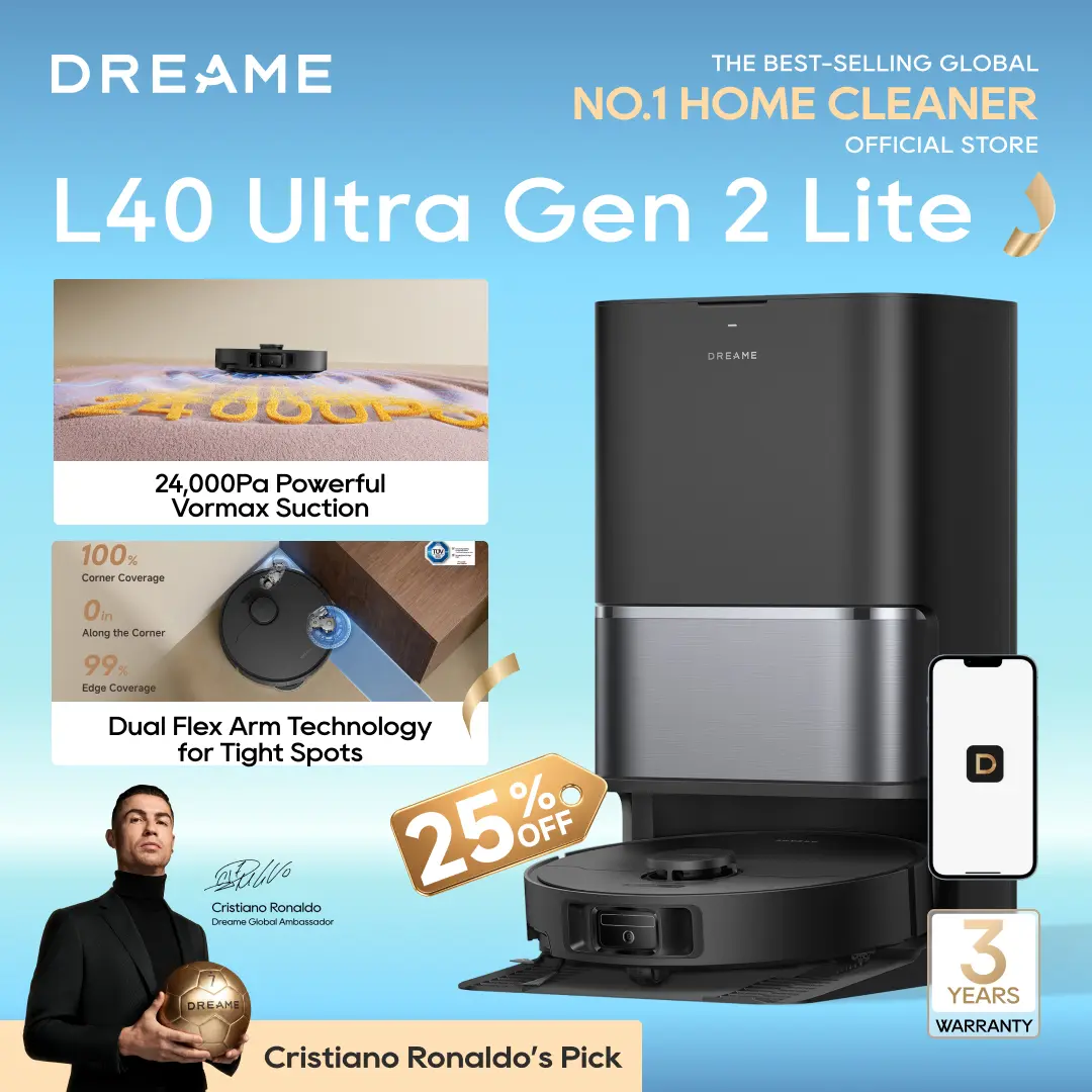 DREAME L40 Ultra Gen 2 Lite Robot Vacuum and Mop with 24,000Pa Suction, Extendable Side Brush and Mop, All-in-One Self-Emptying & Cleaning Dock, Voice & App Control, Black
