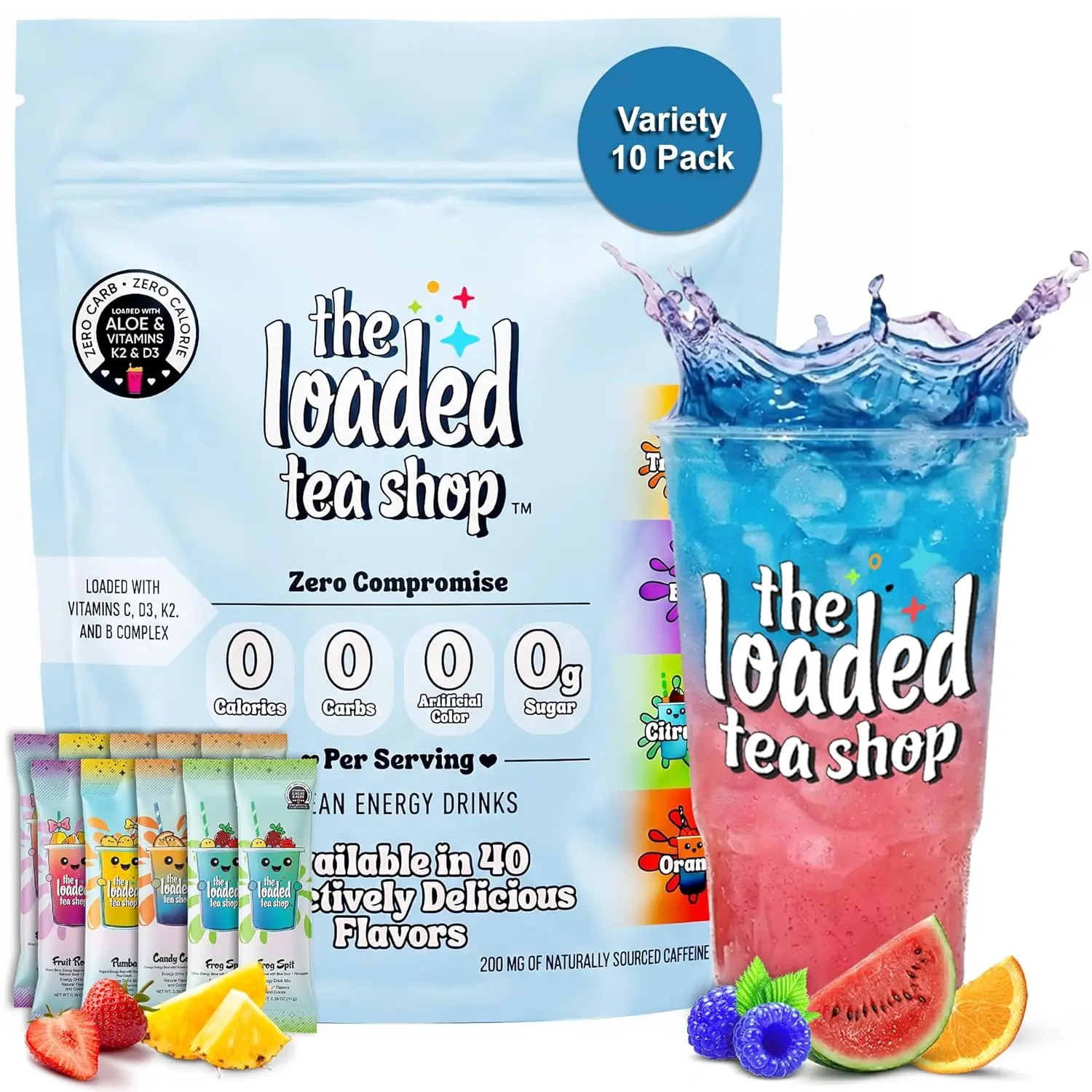 The Loaded Tea Shop Energy Drink Mix Sticks Variety Pack, 10 Single-Serve Packets, Sugar Free, Zero Calorie, 200mg Natural Caffeine, B Vitamins, No Artificial Colors or Flavors