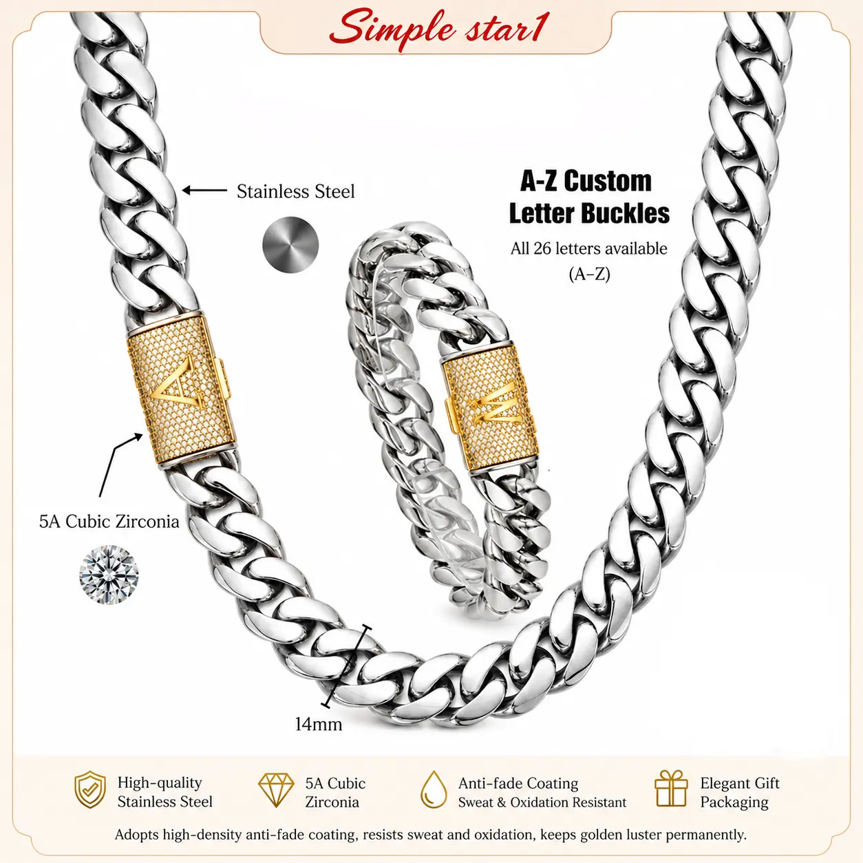 Men's Custom A-Z Initial Cuban Chain Set - 14MM 2-Tone Silver Gold Cuban Links Necklace & Bracelet, Stainless Steel, Waterproof Tarnish Resistant Hip Hop Jewelry, Beach Essential, Festive Luxury Platinum Zircon Bridal Accessory, Initial Necklaces