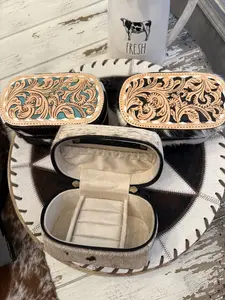 jewelery box with tooled leather and cowhide
