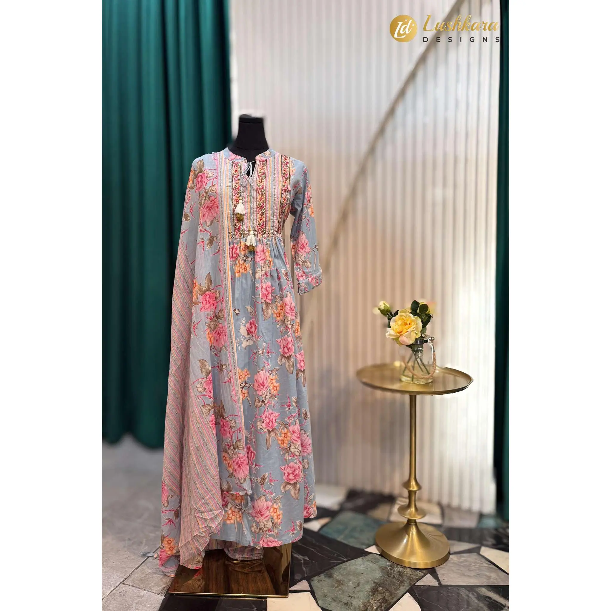 Grey Floral Printed Salwar Kameez Set with Dupatta