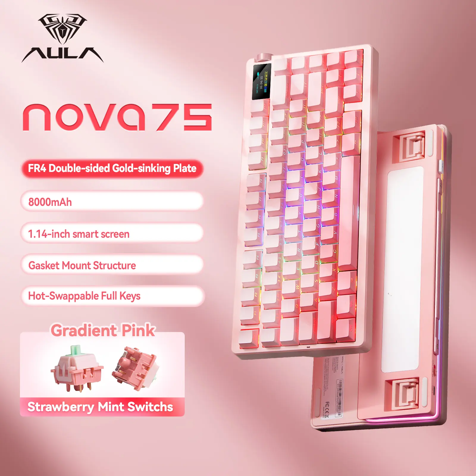 Aula Nova75 Wireless Mechanical Keyboard 8000mAh,Gasket Mounted with Cream Sound 75% Compact Layout,RGB Backlit,Custom Hot Swappable,Bluetooth/2.4GHz/USB-C,Pink Keyboard Gaming for Win/Mac/iOS/Android