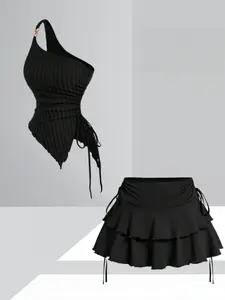 Plus Size Sweet Cool Style Asymmetrical One-Shoulder Fitted Top Set, Drawstring Ruffle Skirt, Streetwear Hot Girl Two-Piece