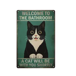 flat sign8 x 12in Funny Vintage Cat Bathroom Decor Signs, Welcome To The Bathroom A Cat Will Be With You Shortly, Metal Sign for Restroom Wall Art Restroom Toilet Decor