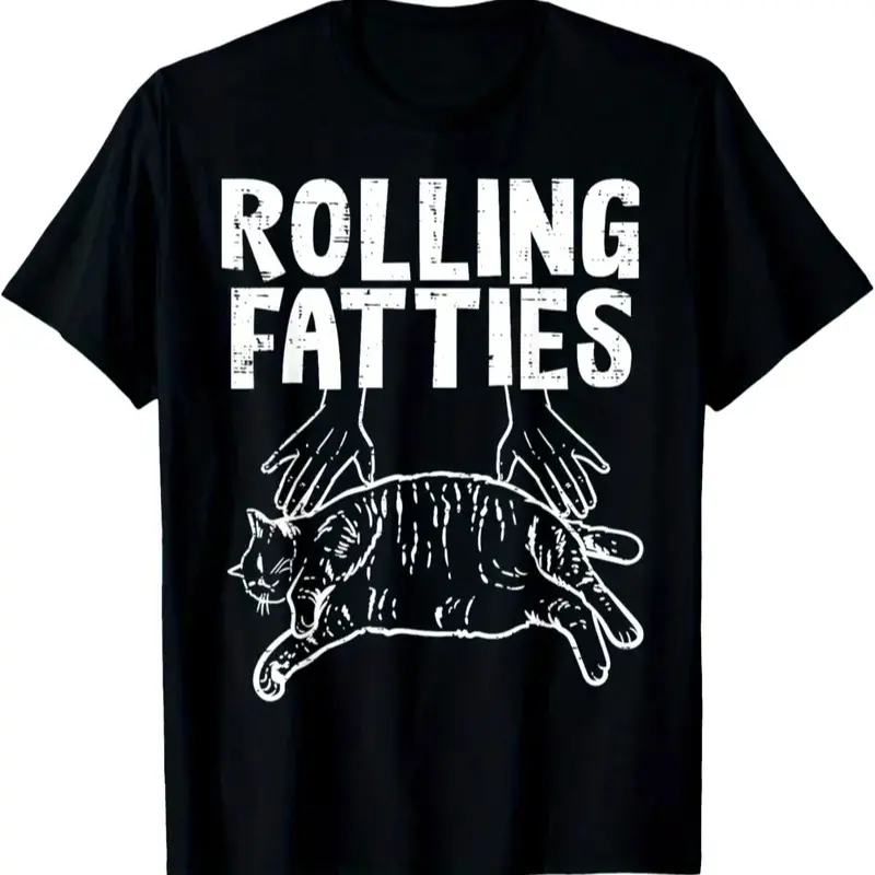 Cotton Crew Neck Short Sleeve Cat Graphic Casual Streetwear Top, Soft Cotton Fatties Rolling Design Sports & Outdoor Shirt, Shortsleeve, Round Neck