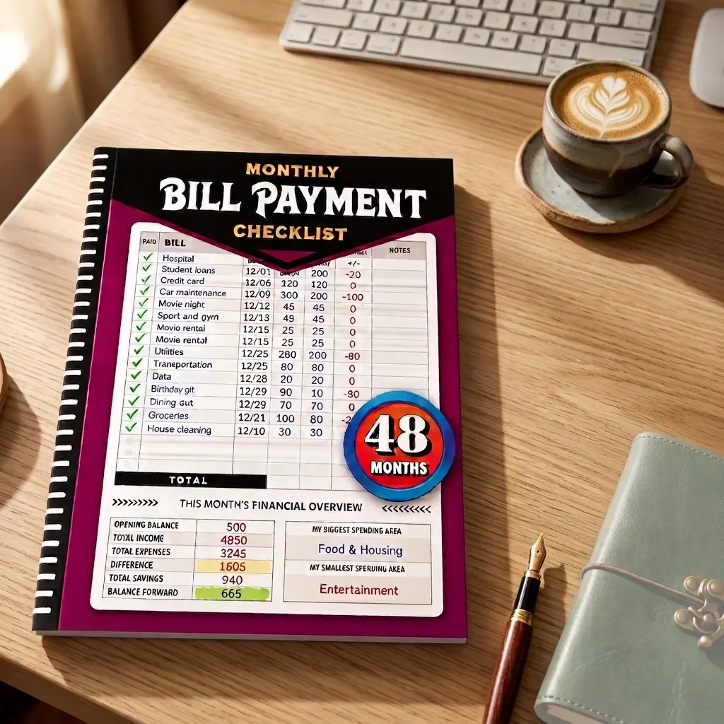 Bill Payment Organizer 48-Month Financial Planner Notebook for Better Organization, 4-Year Bill Payment Tracker, Monthly Budget Planner & Expense Tracker Book, Bill Organizer Checklist, Household Money Management Ledger, 960 Payment Records