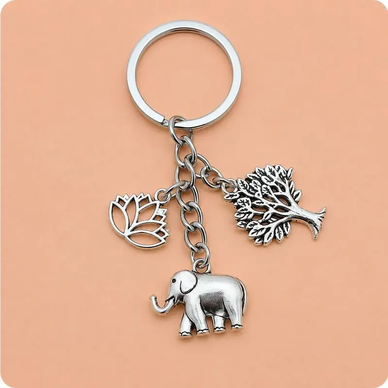 Unisex Multi-Charm Metal Keychain with Elephant, Lotus & Tree Designs - Split Ring, Compact Backpack Accessory, Cute Keychains, Animals, Detailed, Birthday, Secure Attach, Everyday, Elegant, Lightweight