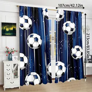 2pcs HD Digital Print Blue Football Pattern Curtains, Polyester Material, Semi-Transparent Privacy Protection, Washable, Bedroom and Living Room Decor, Home Decoration Curtain, Window Curtain
