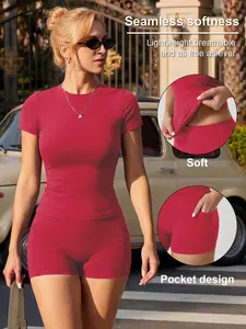 Women's Yoga Fitness Set, Skin-Friendly Round Neck Pullover, High Waist Tight Belly Pocket Shorts, Casual Running Workout