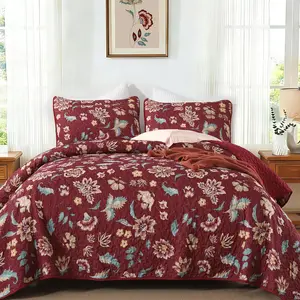 Floral Quilt Set King Red Floral Bedspread Coverlet Bedding Soft Lightweight Spring Summer Farmhouse Plant Bed Cover Sets for All Season 104 x90
