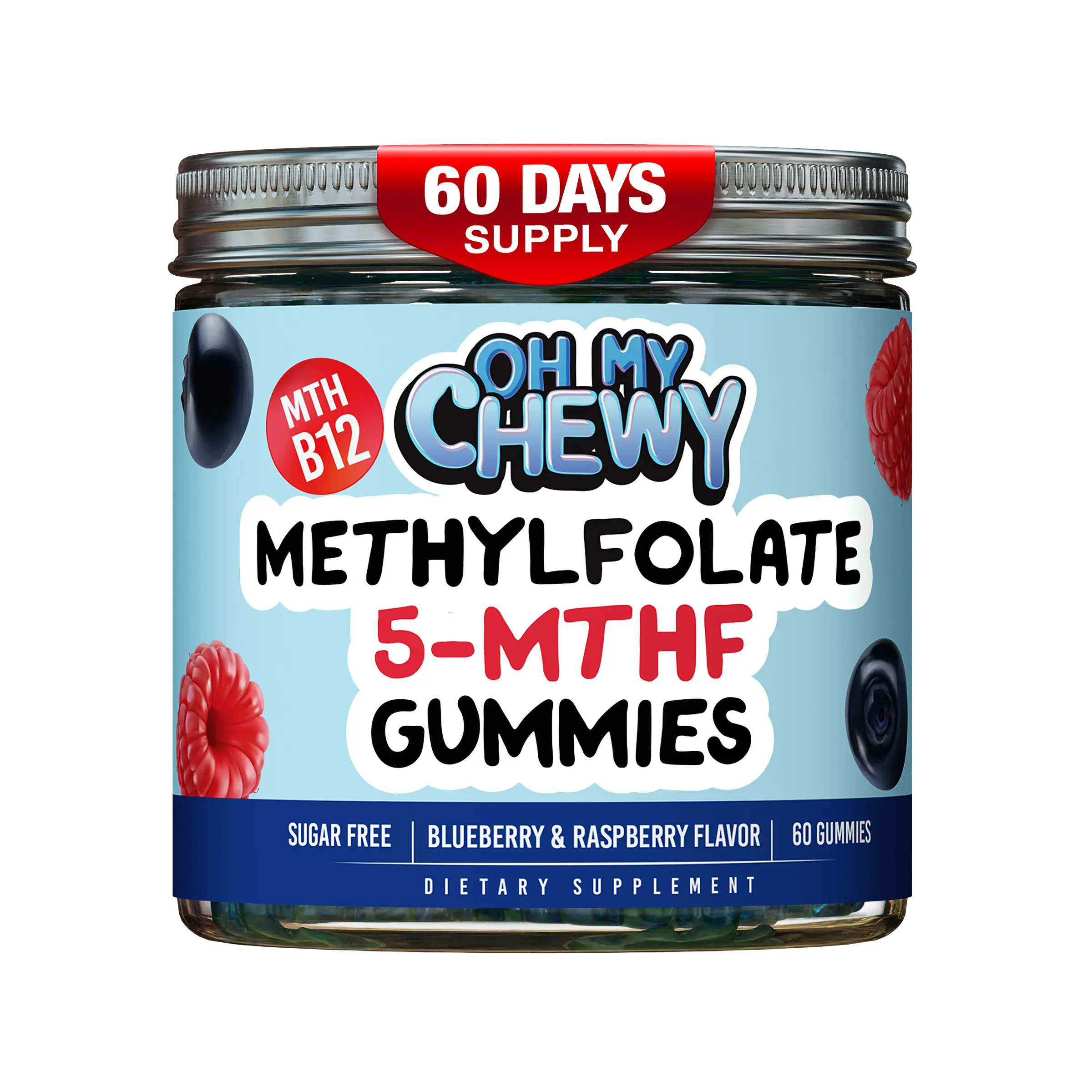 OH MY CHEWY Sugar-Free Gluten-Free 0g Raspberry Center-Filled Chewable 5-MTHF Folate L-MethylFolate Gummies - Methylated B1,B6,Methyl B12 Multivitamins - Berry Blue Vitamins Supplements - Supports MTHFR Gene,Cognition - 60 Ct