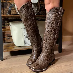 Brown Tall Tooled Cowgirl Boots