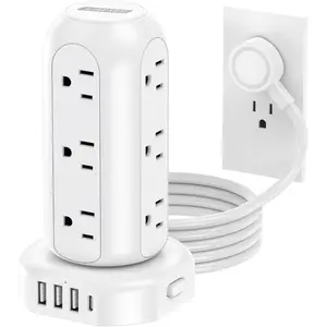 Power Strip Tower PD 20W 12 Outlets and 4 USB Ports Flat Plug Surge Protector with (1 USB C PD 20W) 6.5FT (13A) Travel Power Strip with USB Ports For Home Office Supplies
