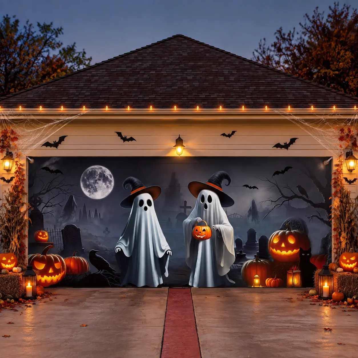7x16 FT Halloween Garage Door Cover , Spooky Print Decoration Banner, Large Outdoor Halloween Decorations, Haunted House Backdrop for 2-Car Garage Yard Party Supplies Festival Celebration
