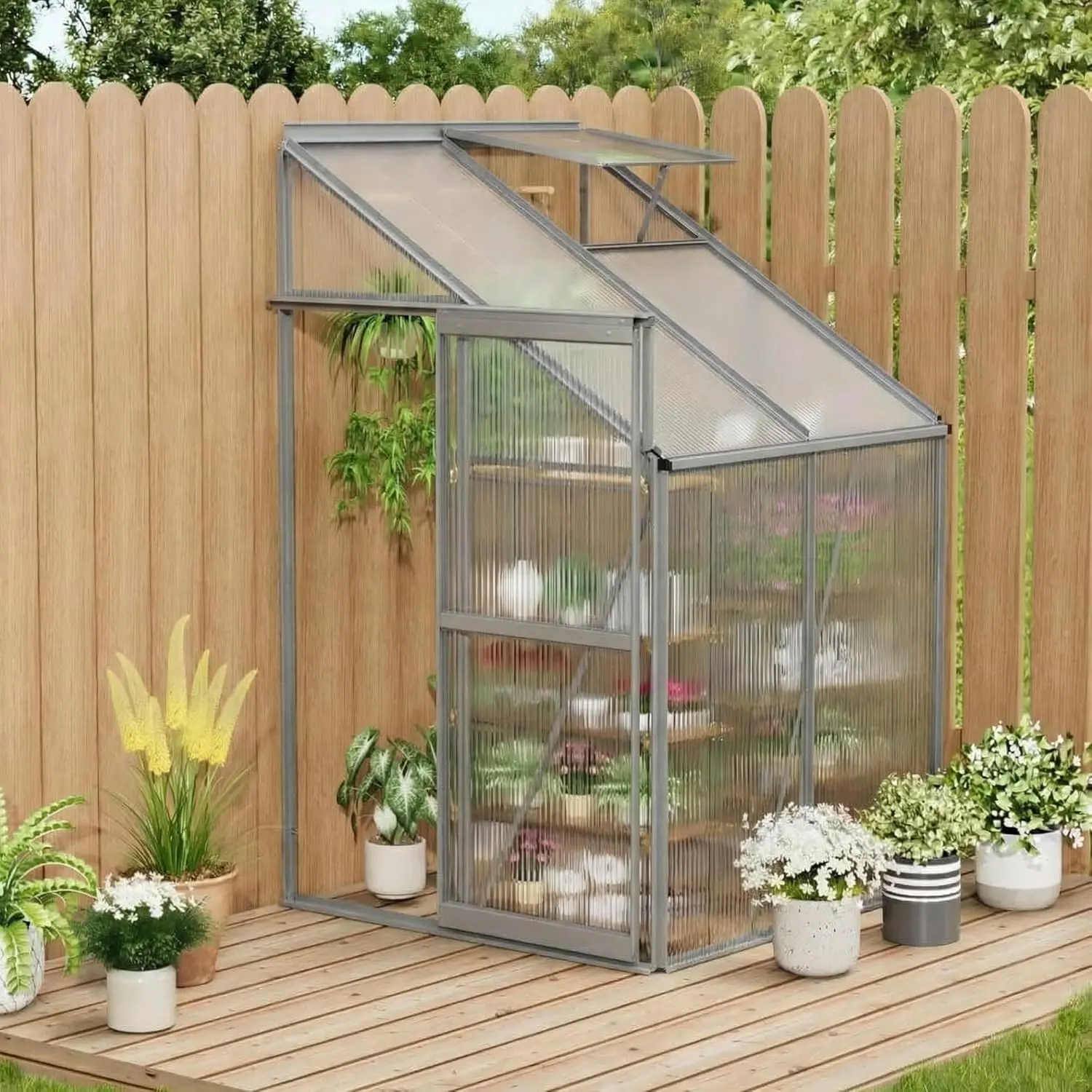 Portable 4x4 ft Lean‑to Polycarbonate Walk‑in Greenhouse – Compact Outdoor Winter Greenhouse Kit with Sliding Door & Adjustable Vent Window for Garden