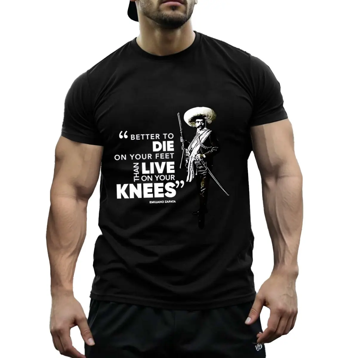2026 New Men's Round Neck Short-Sleeve Casual Tops, Emiliano Zapata "Better Dead On Your Feet" Famous Quote Premium Humorous Menswear, Black, S-XXXL, Shortsleeve, T-Shirt