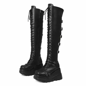 Women's Thigh High Boots High Platform Ladies High Over The Knee Boots Fashion Lace-Up Buckle High Heels Motorcycle Riding Gothic Boots Round Toe Stretch Leather Boots Combat Long Boots AOSPHIRAYLIAN SpringStatements