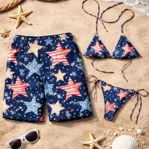 Patriotic Star & Stripe Bikini Set + Men’s Swim Trunks, American Flag Beachwear, 4th of July Swimwear for Women & Men