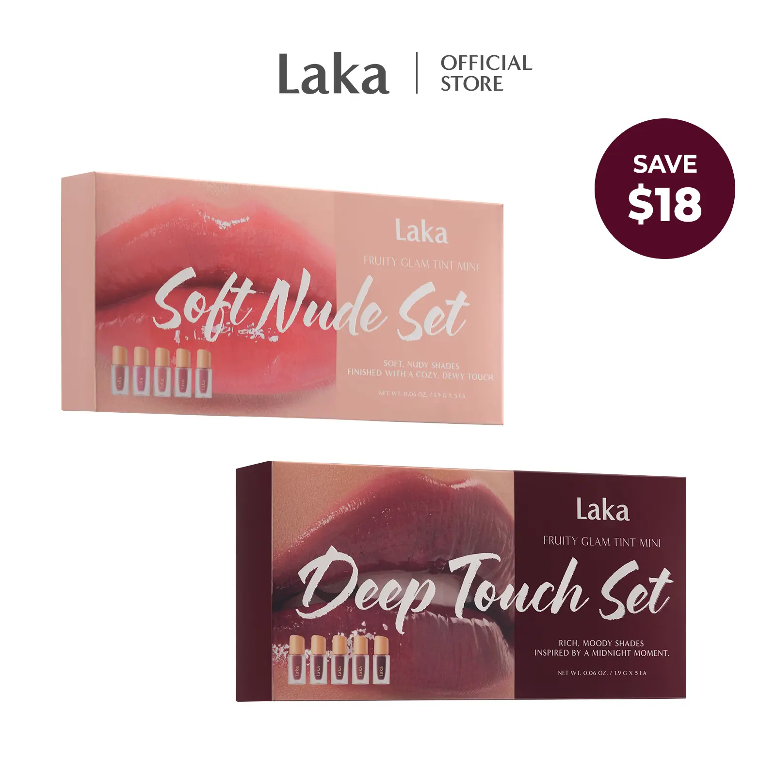 [Laka] Mini Fruity Glam Tint Set (2 options) - Glossy Lip Tint with a Lightweight, Non-Sticky Feel that Leaves a Transfer-Proof Stain