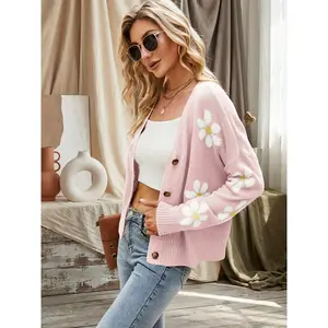 Floral Print Button Front Cardigans, Casual V Neck Long Sleeve Cardigans Top for Spring & Fall, Women's Clothing