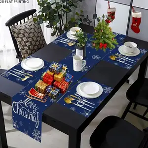 2D flat printing, 1 piece/4 pieces/6 pieces/5 pieces set/7 pieces set, table flag placemat set, Happy Christmas blue background simple snowflake pattern, winter holiday birthday gift, kitchen table decoration, home party decoration